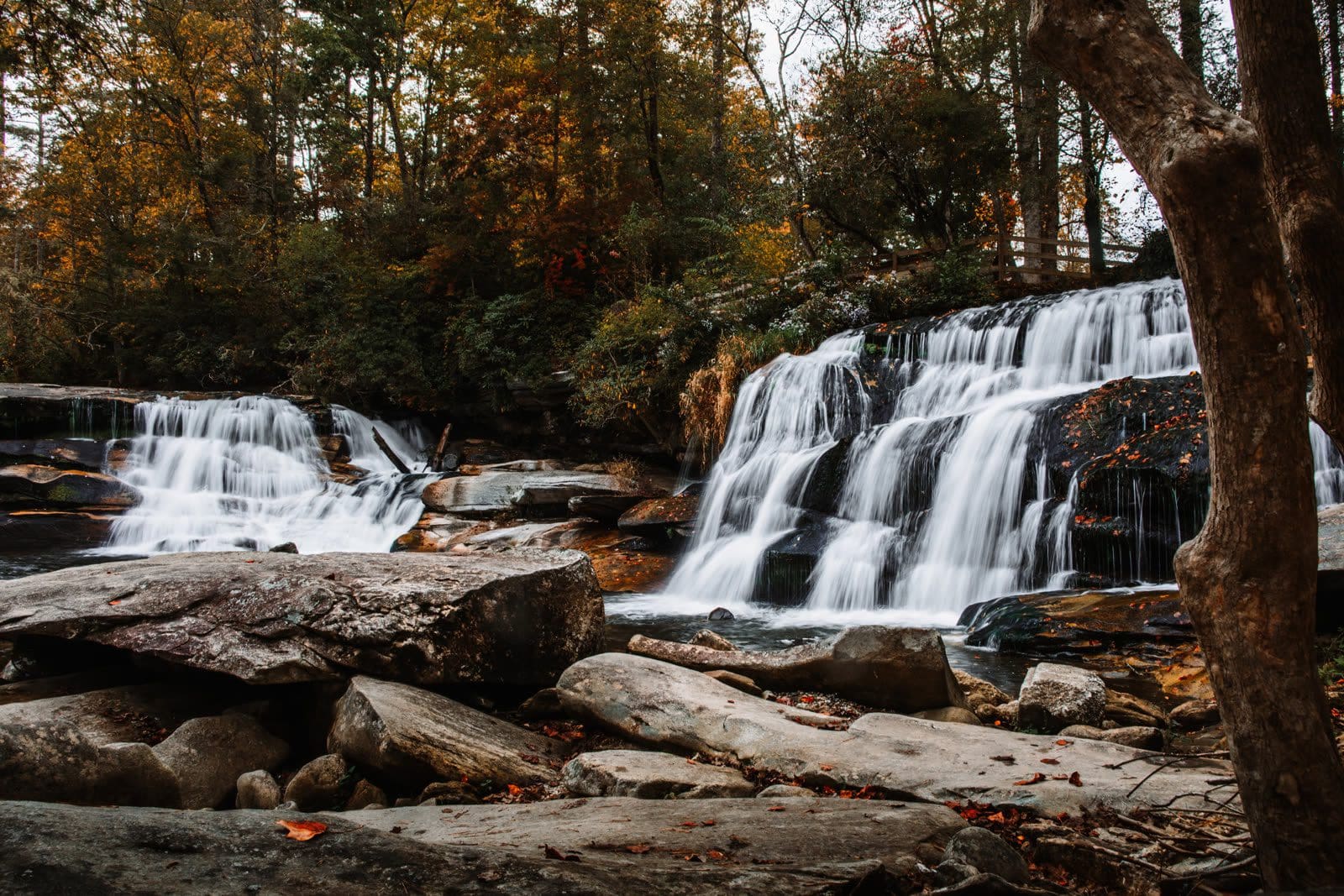Two adjacent cascades spilling over a stepped bedrock ledge in a western North Carolina forest in autumn, with a wooden safety rail visible on the bank above