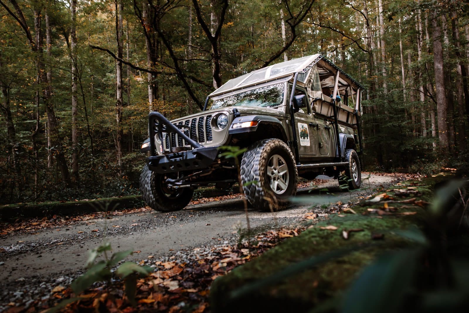 An open-air tour Jeep on a single-lane gravel Forest Service road in Pisgah National Forest, mossy bank and leaf litter in the foreground